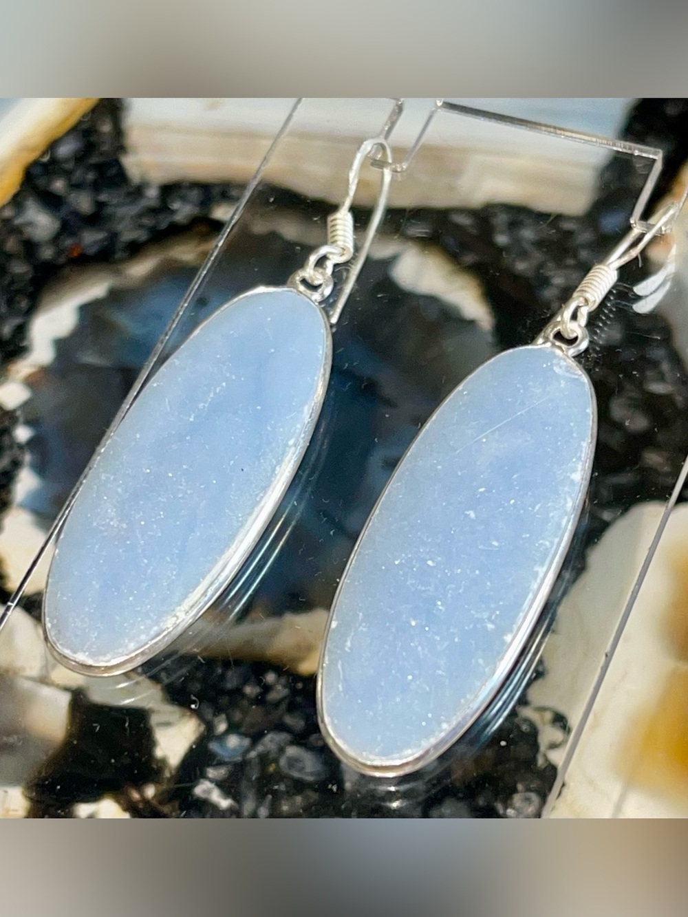 Soft Blue Vertical Ovals Anhydrite Angelite Earrings 2”